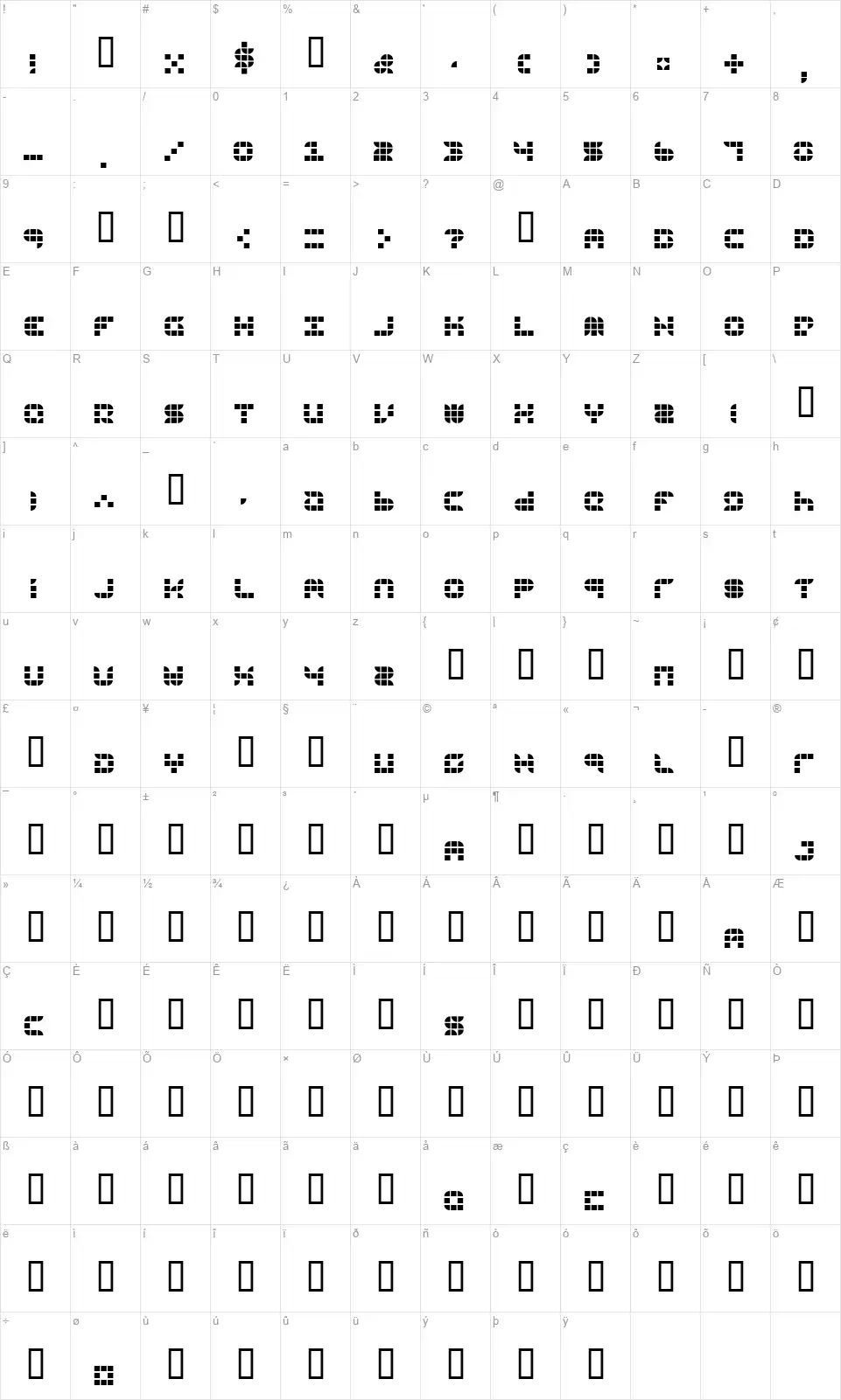 9sqgrdfont character map