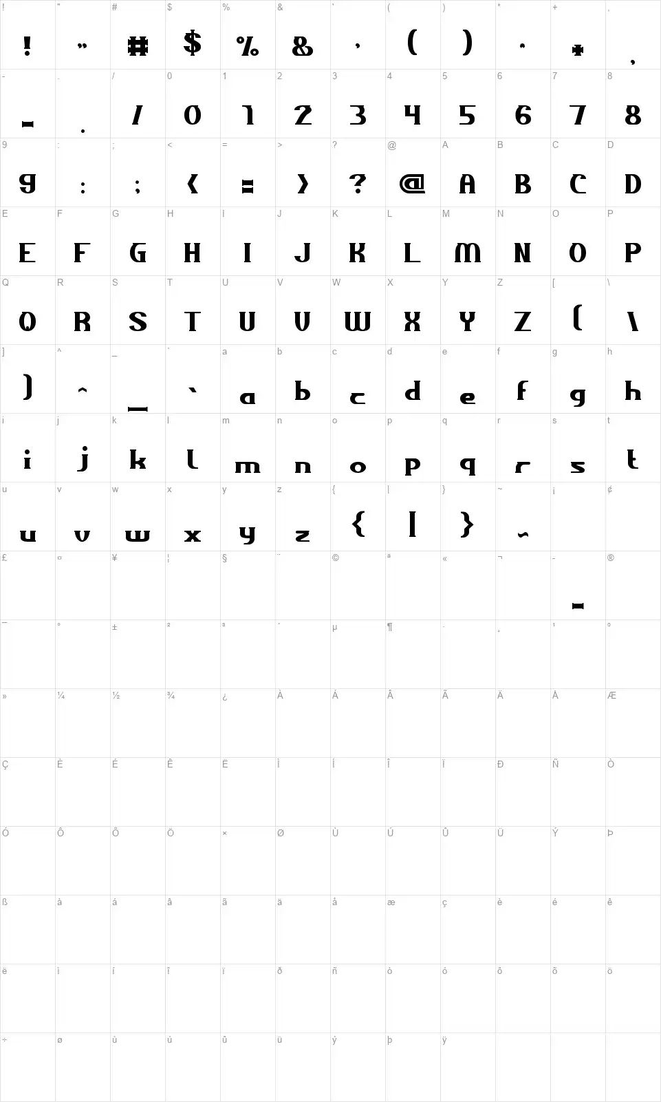 Across The Nightfont character map