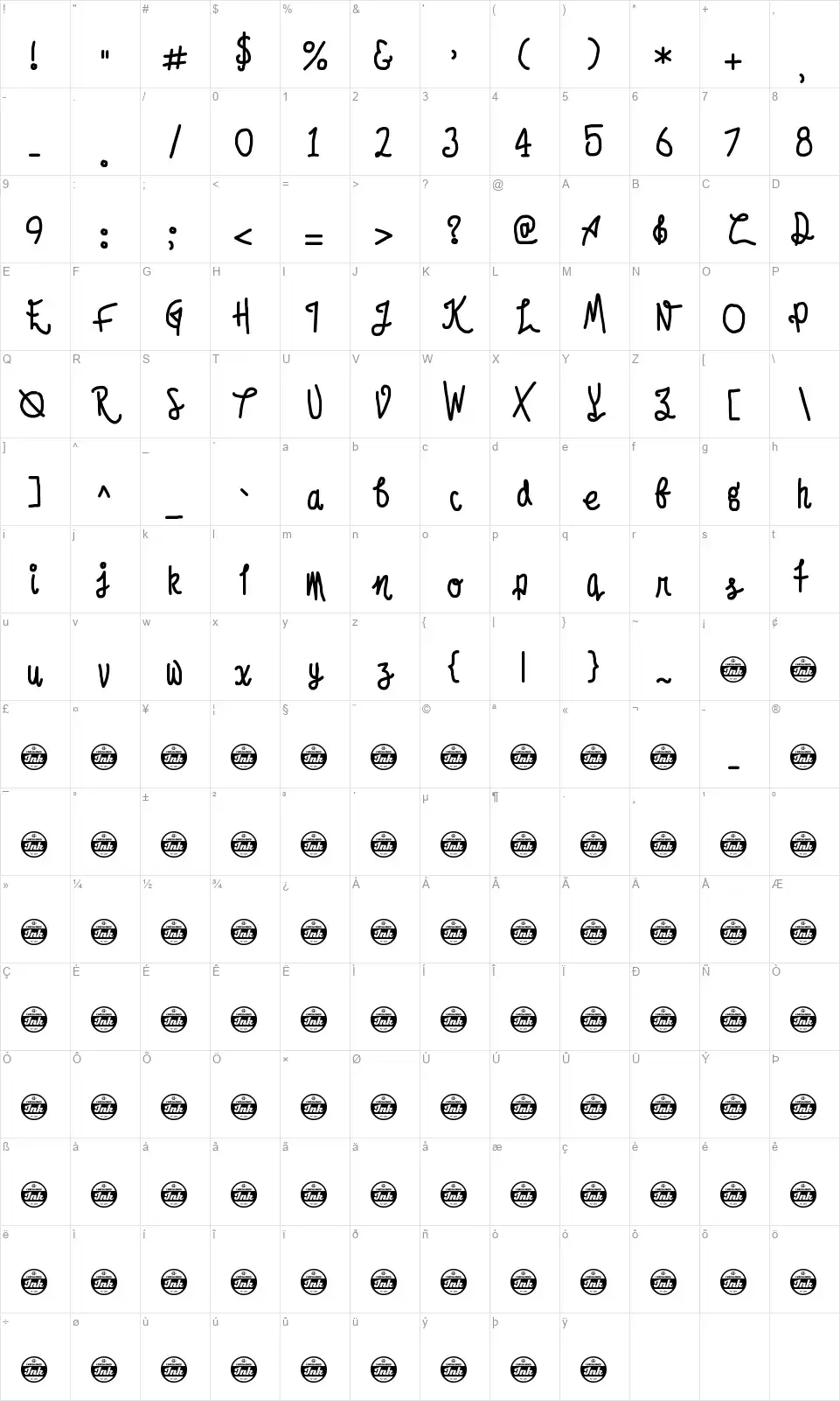 Afroed Dizzy Yakfont character map