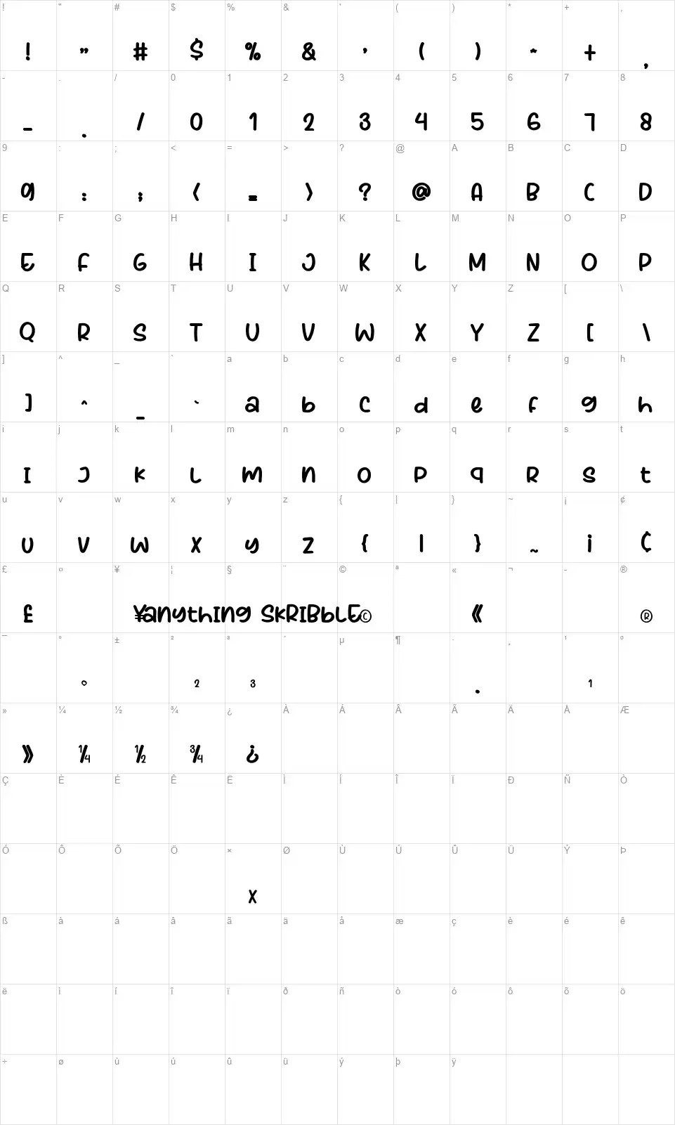 Anything Skribblefont character map