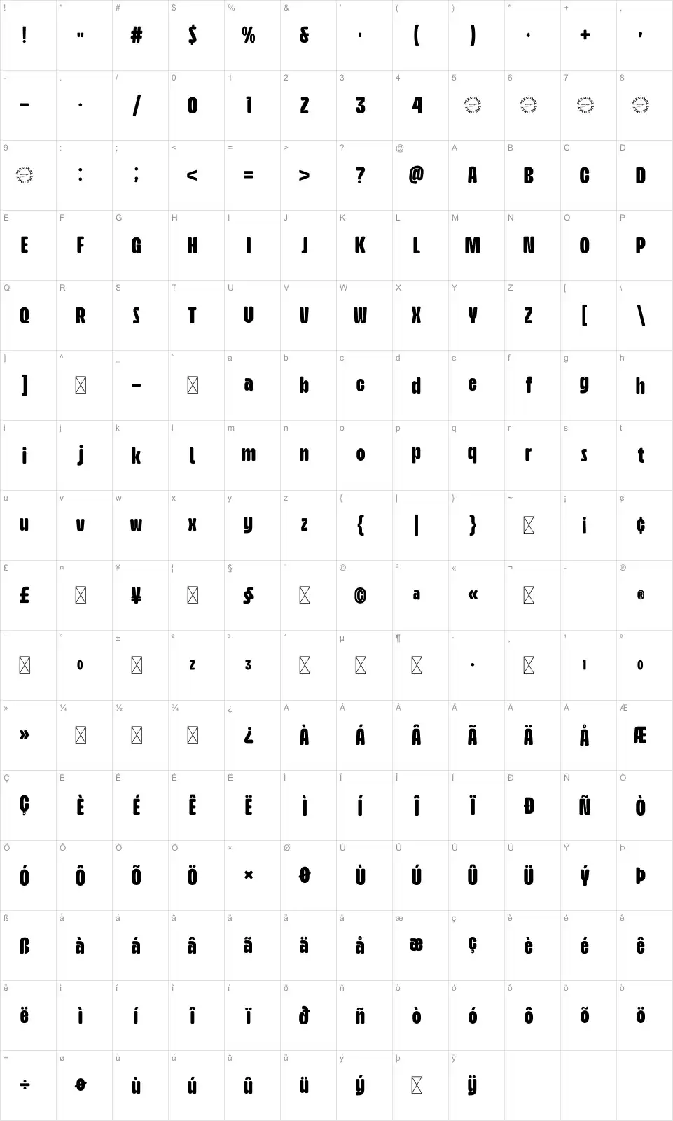 Artarofont character map