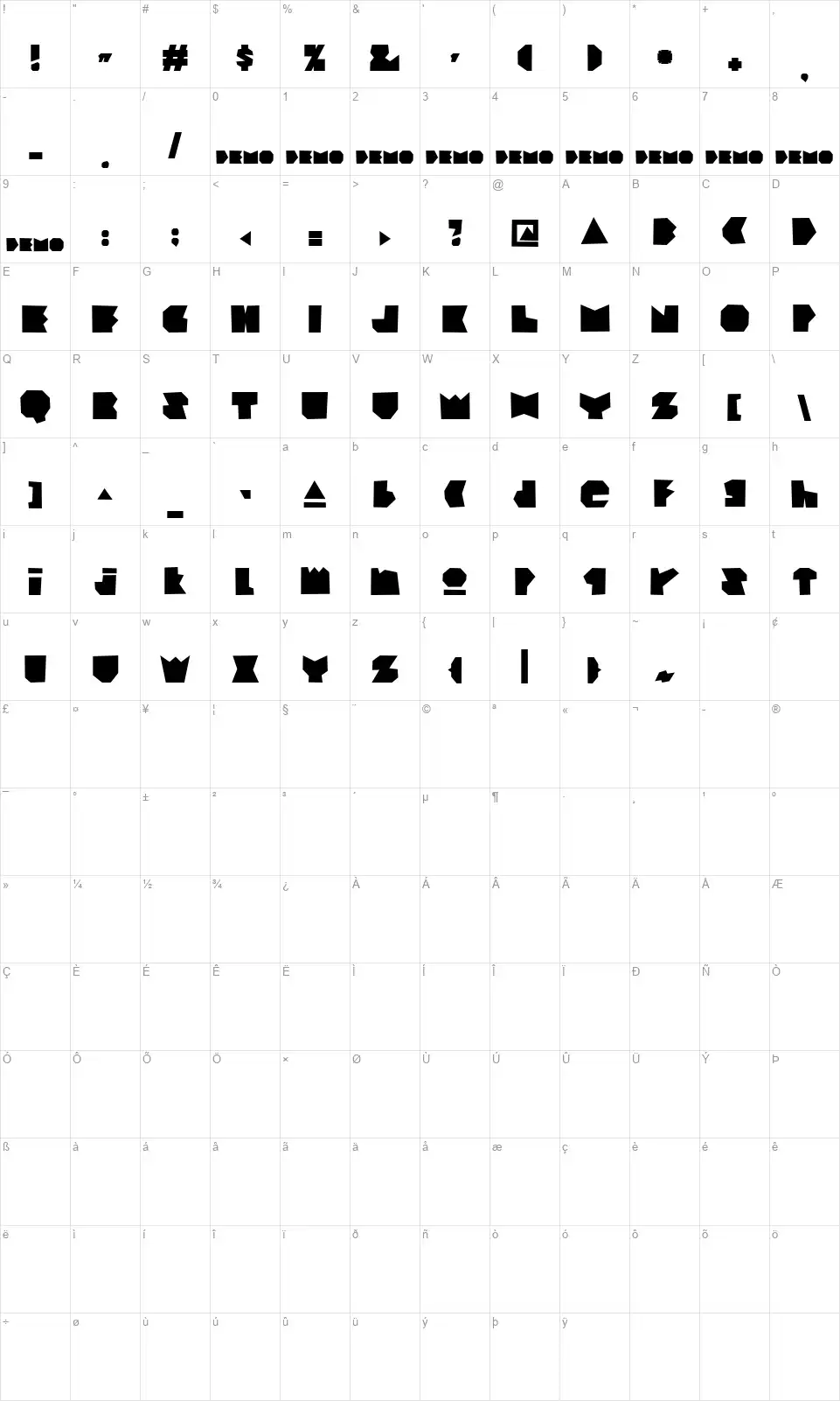 Bad Boy Incfont character map