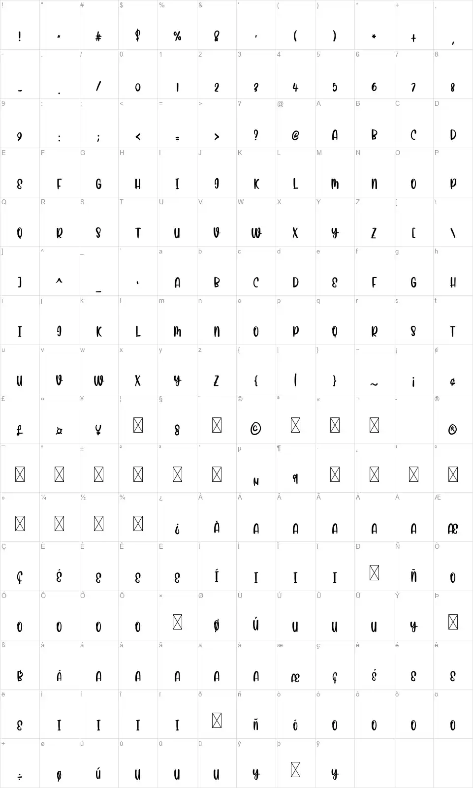 Beautiful Bunnyfont character map