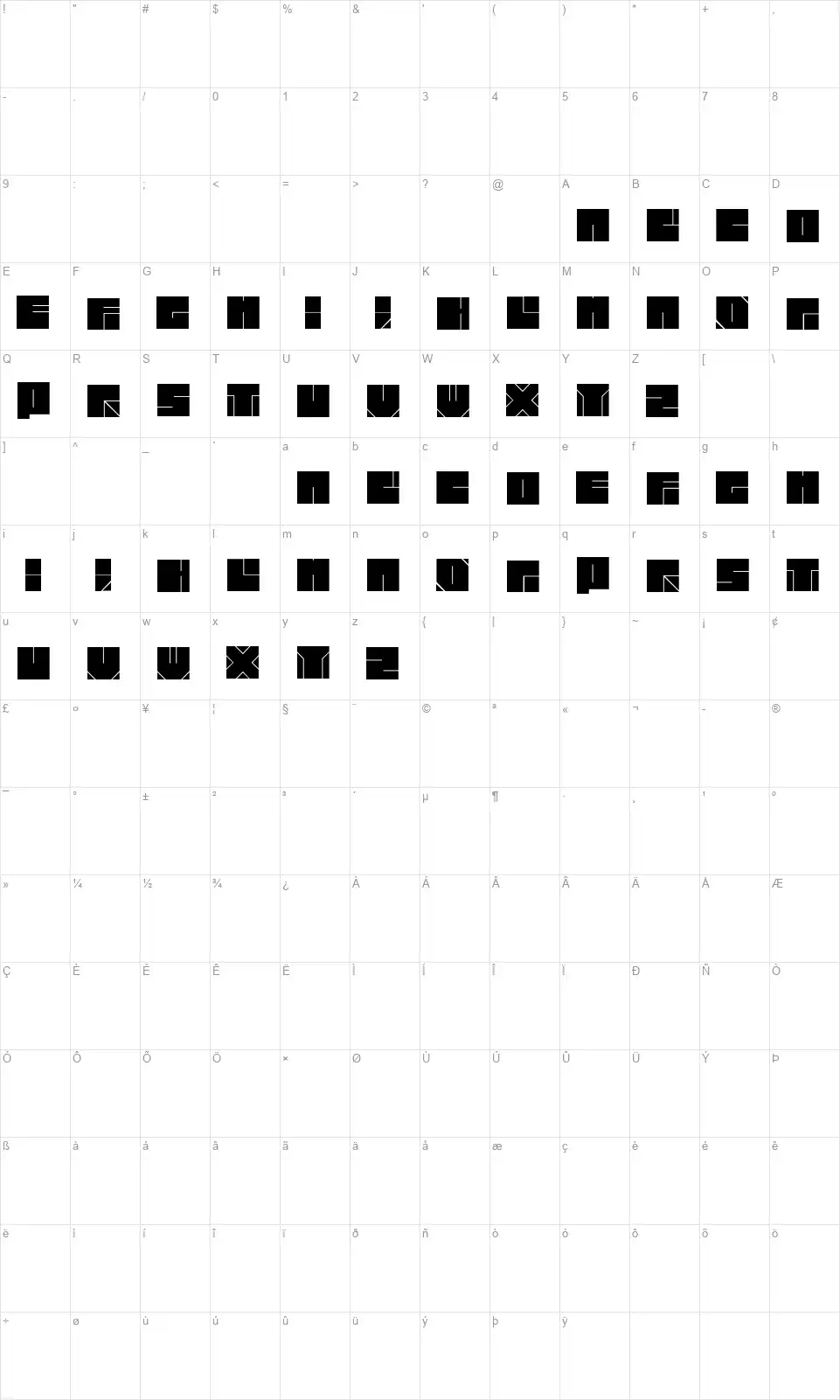 Blok Typefacefont character map