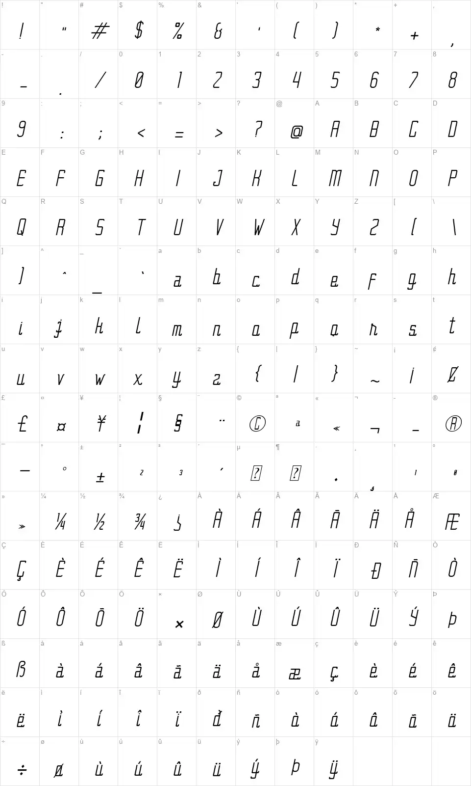 BraceLinefont character map