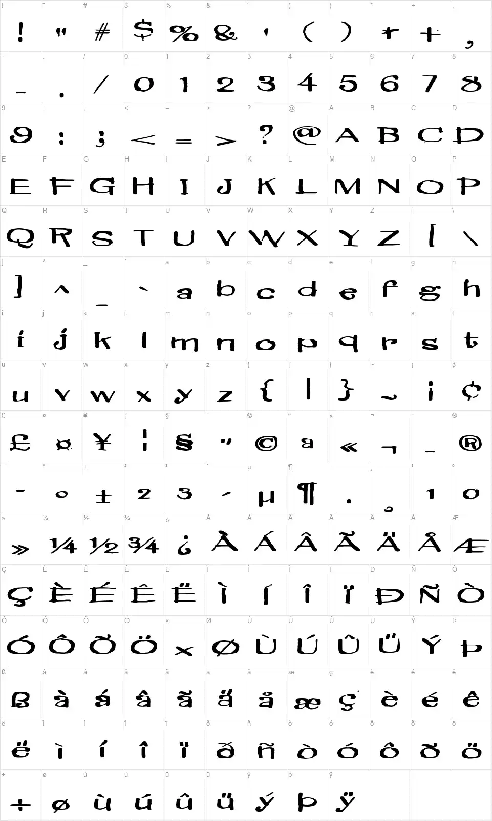 Brillianthrefont character map