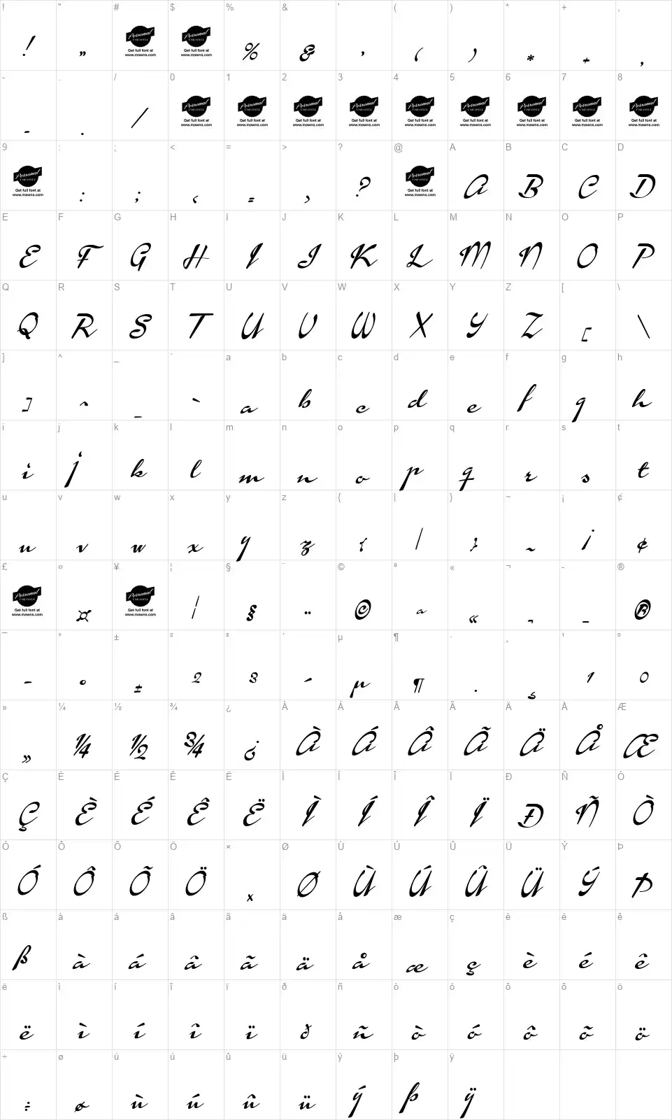 Calendary Handsfont character map