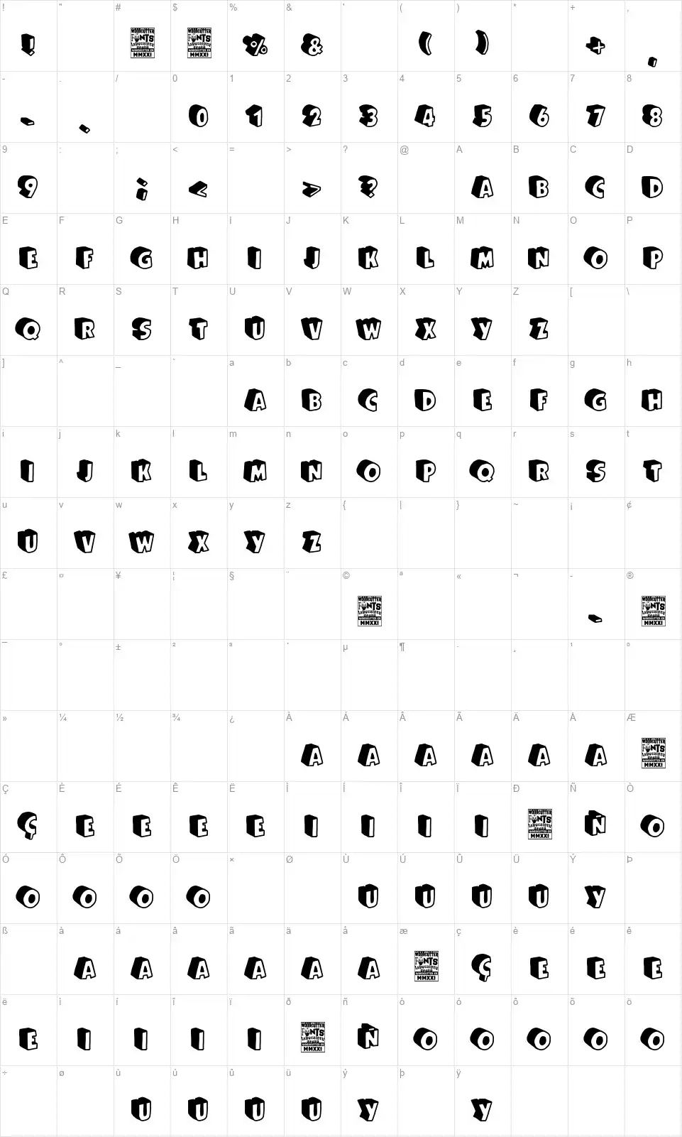Cartoon Queenfont character map