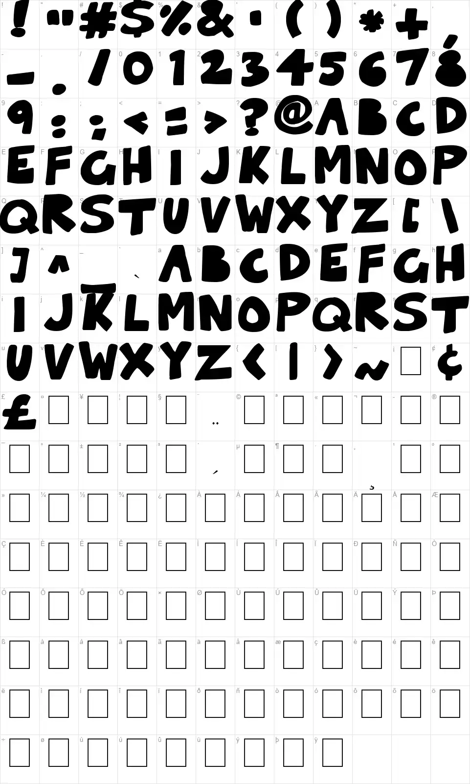 Cartoonlingsfont character map
