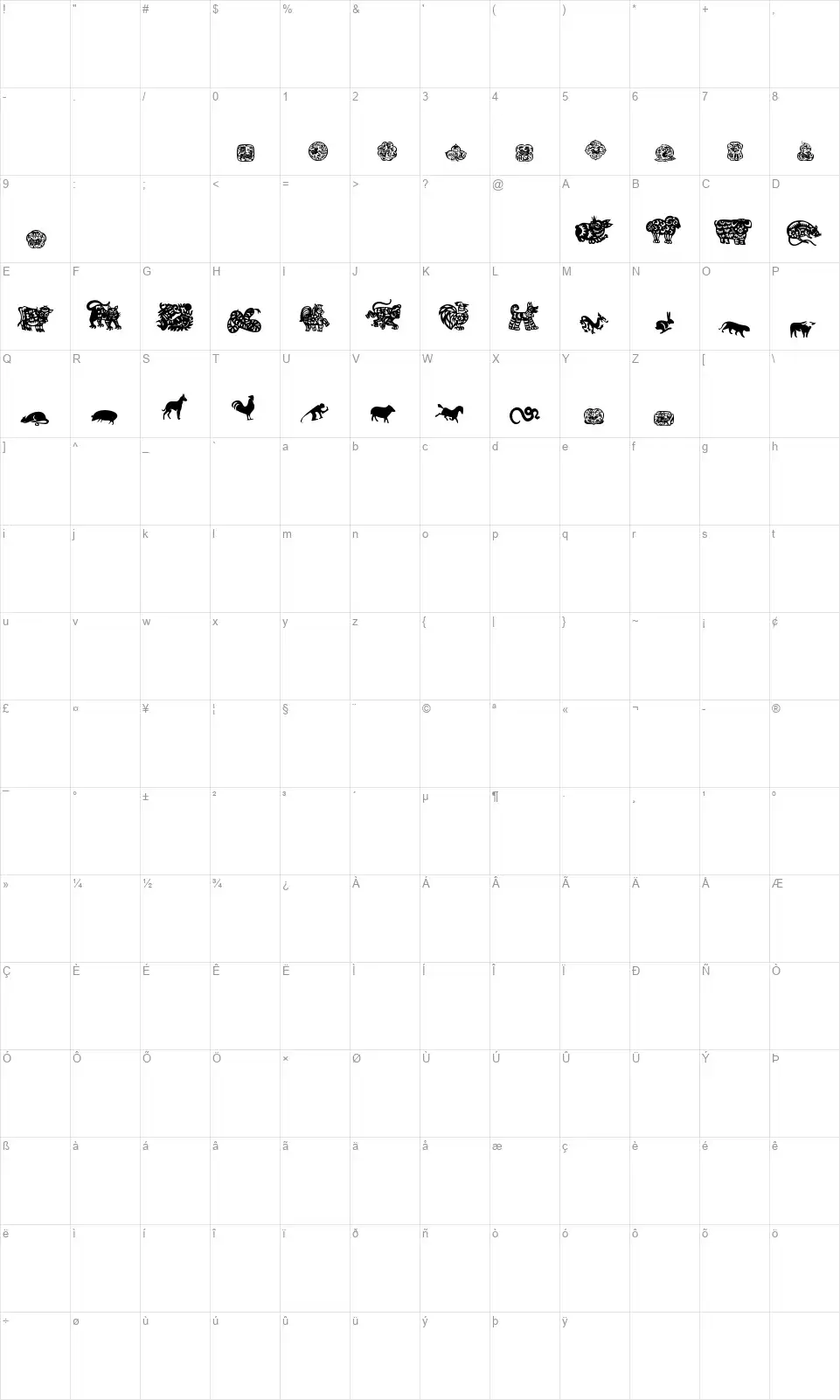 Chinese Zodiac TFBfont character map