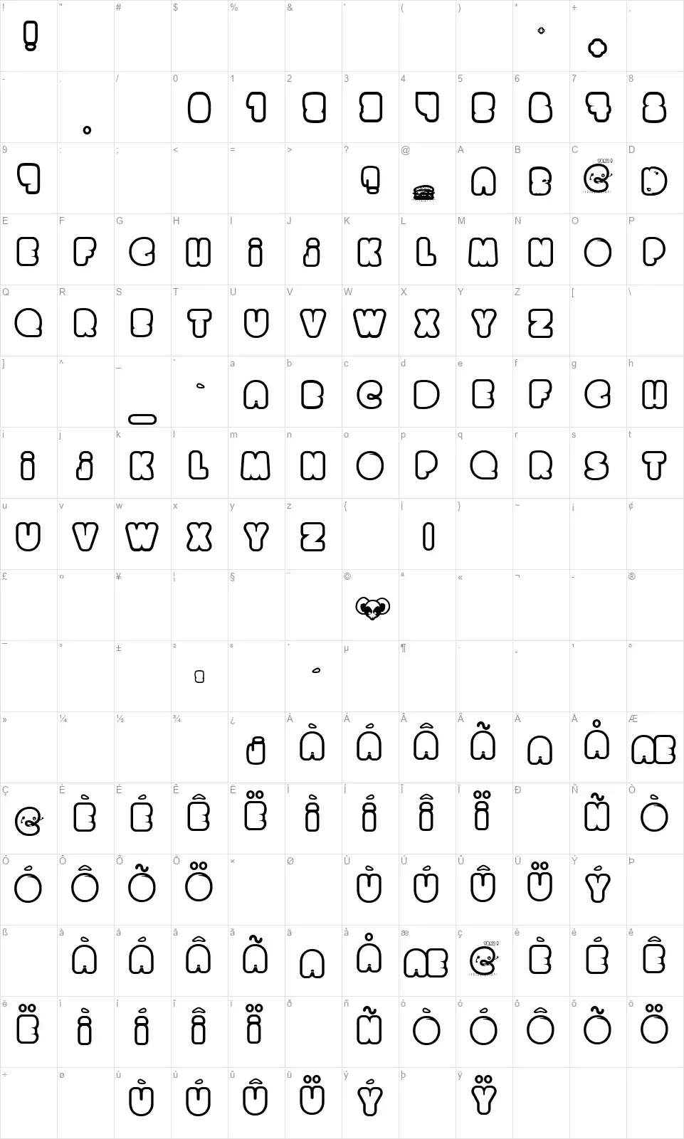 Chocolate Cakefont character map