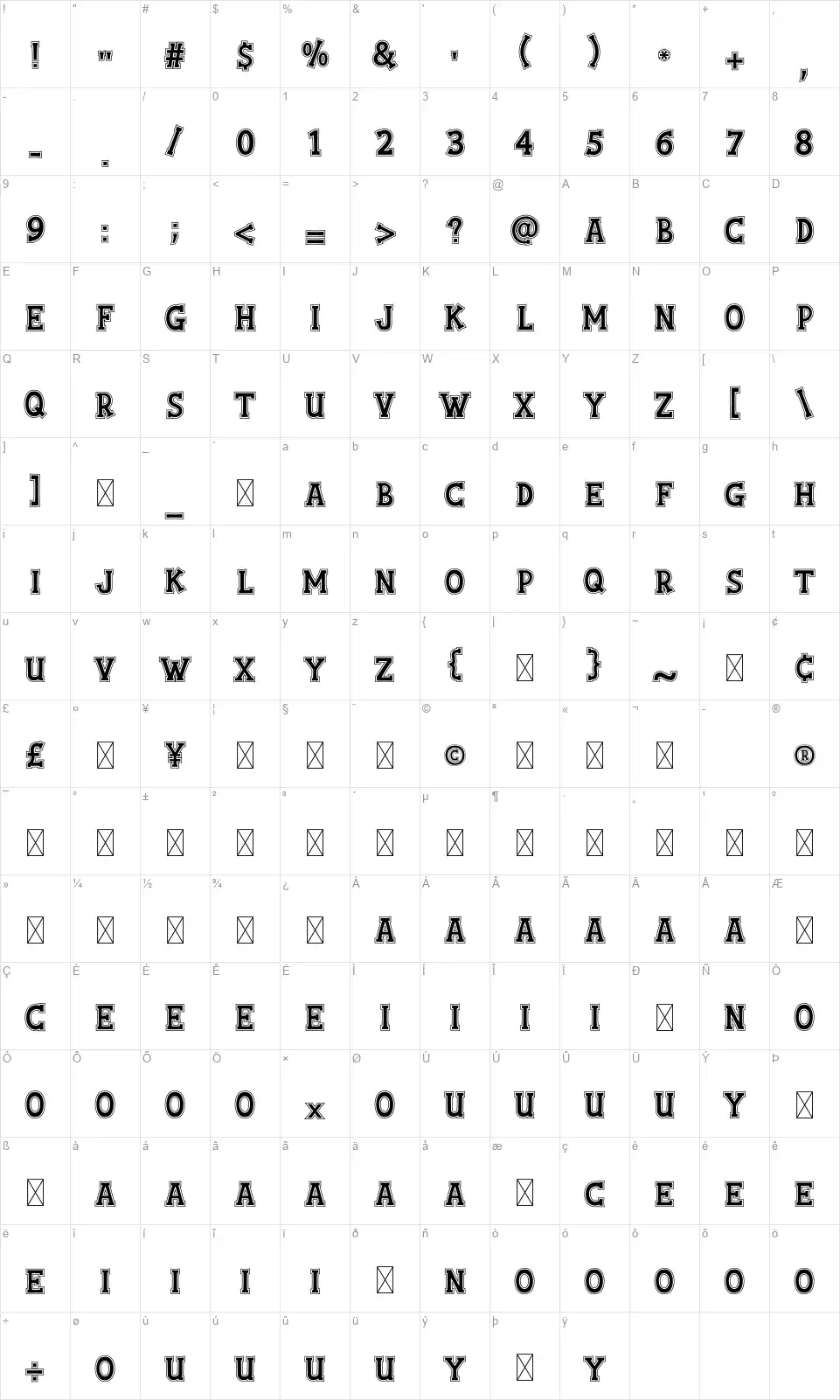 College Squadfont character map