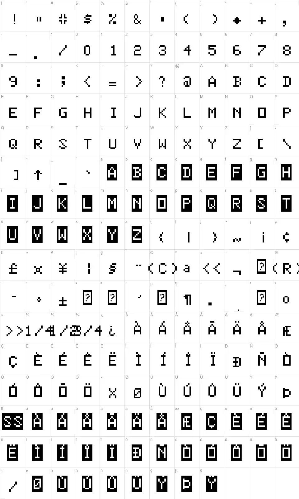 Color Basicfont character map