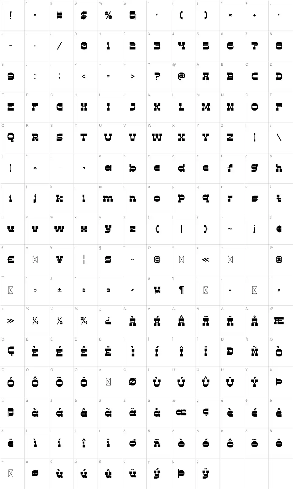 Comozfont character map