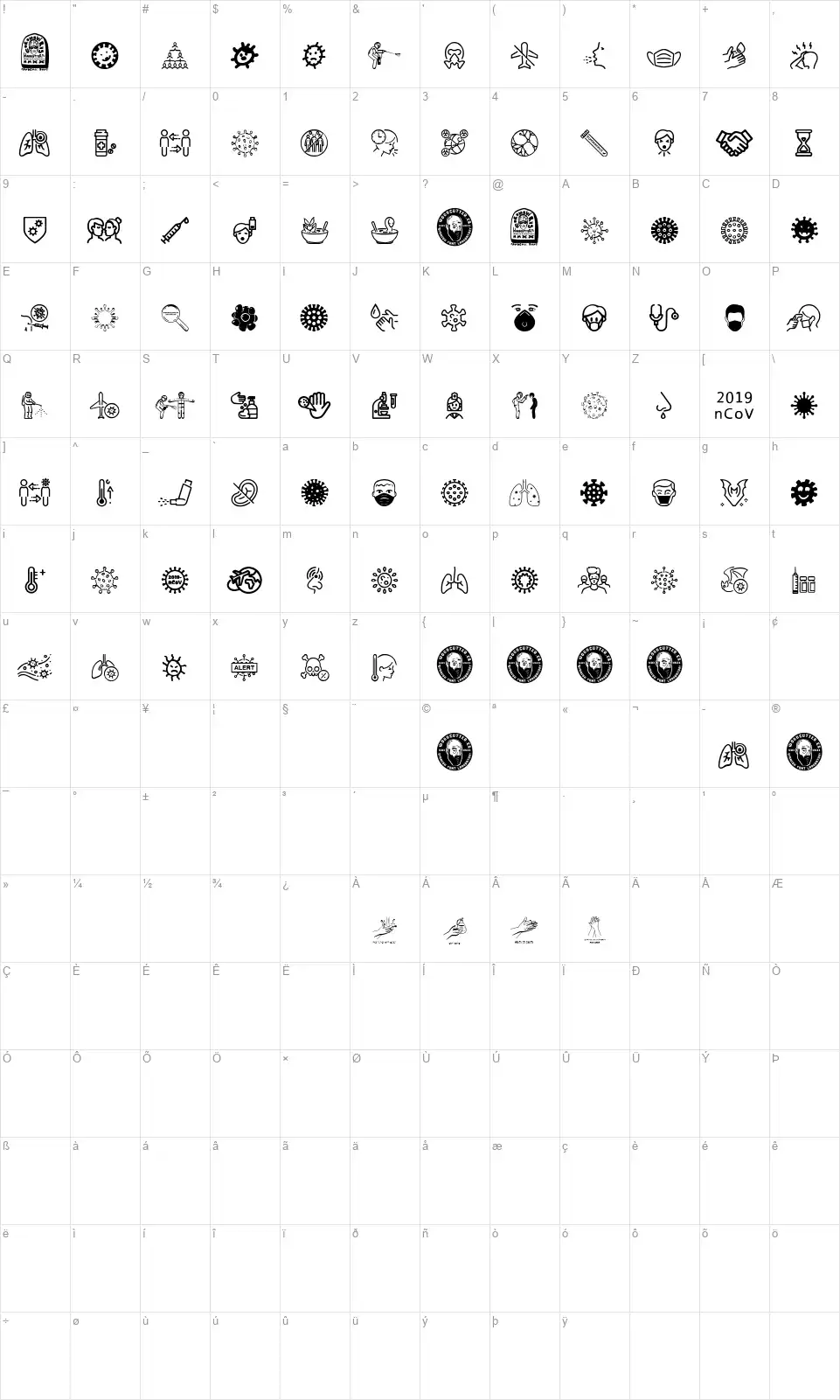 Coronavirusfont character map