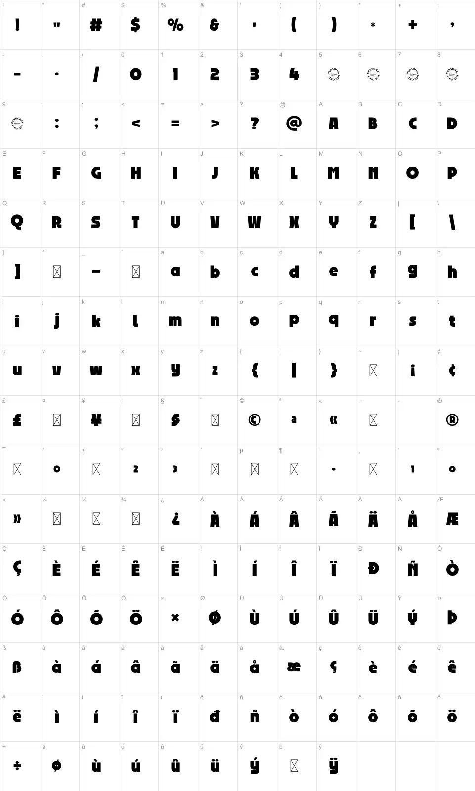 Cosmora Mapa znaków Cosmorafont character map