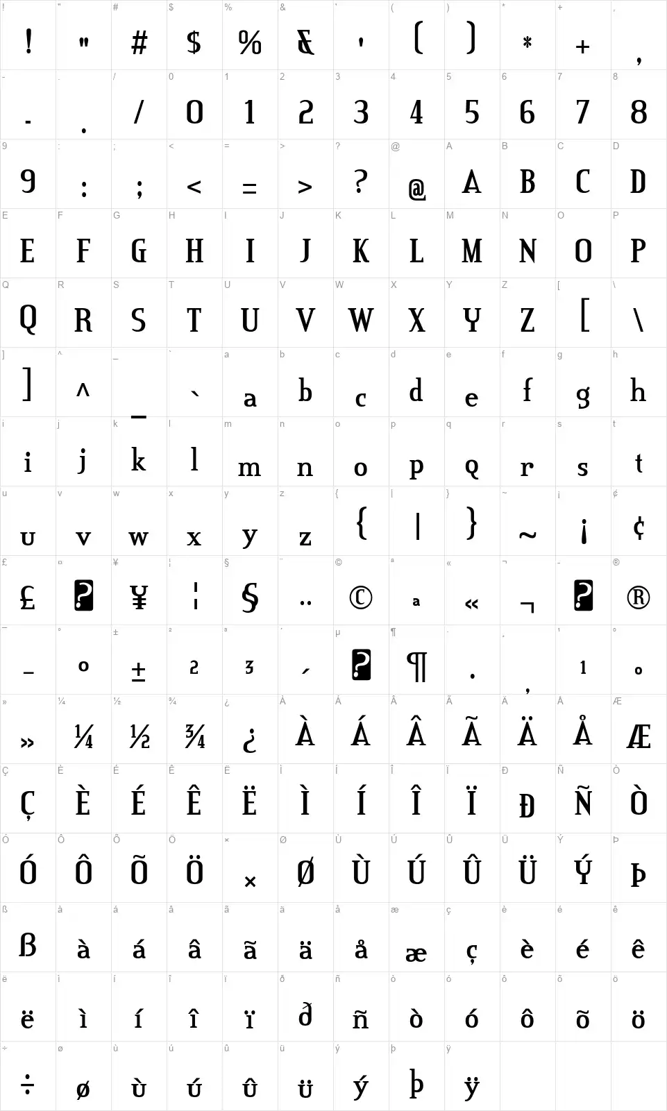 CreditValley-Boldfont character map