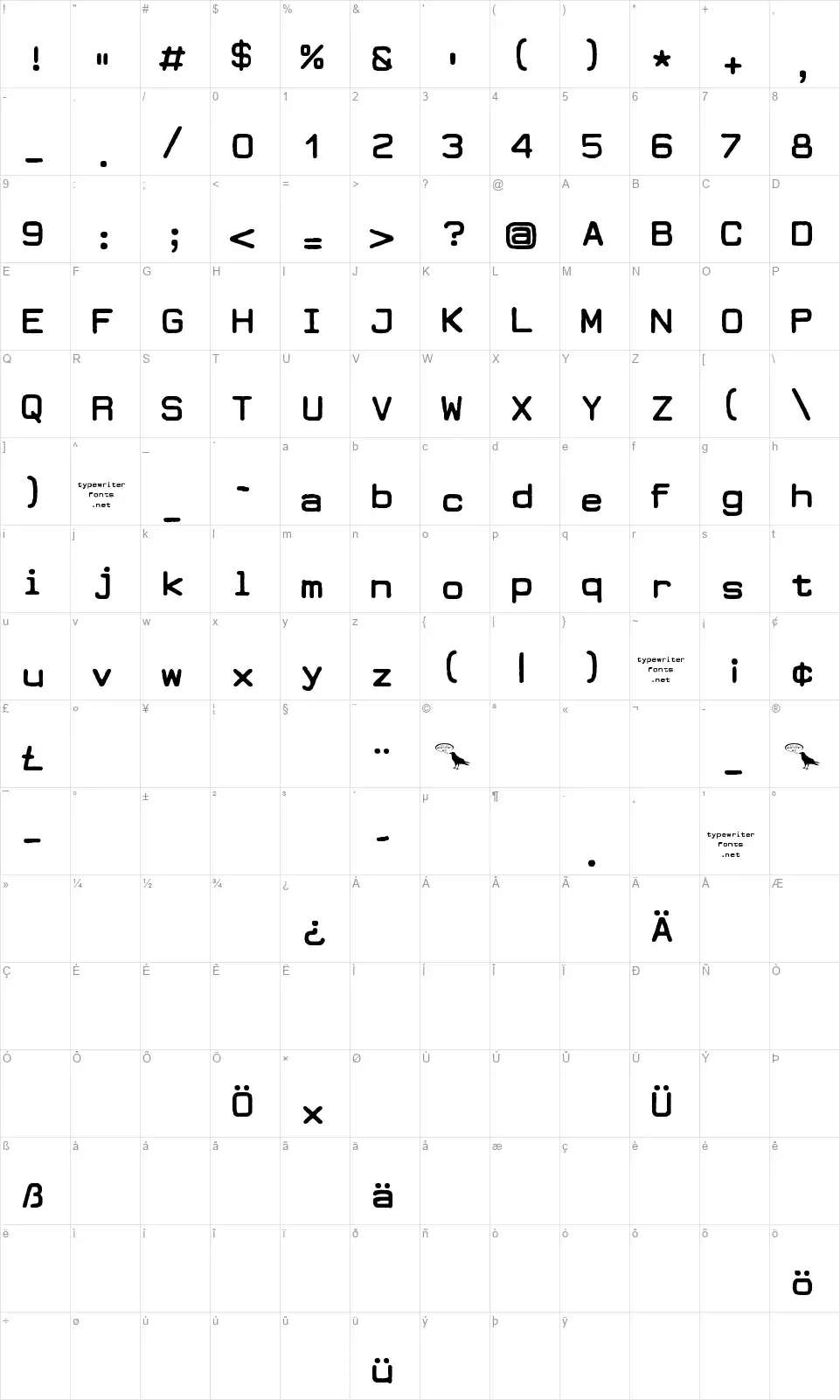 Dearborn Typefont character map