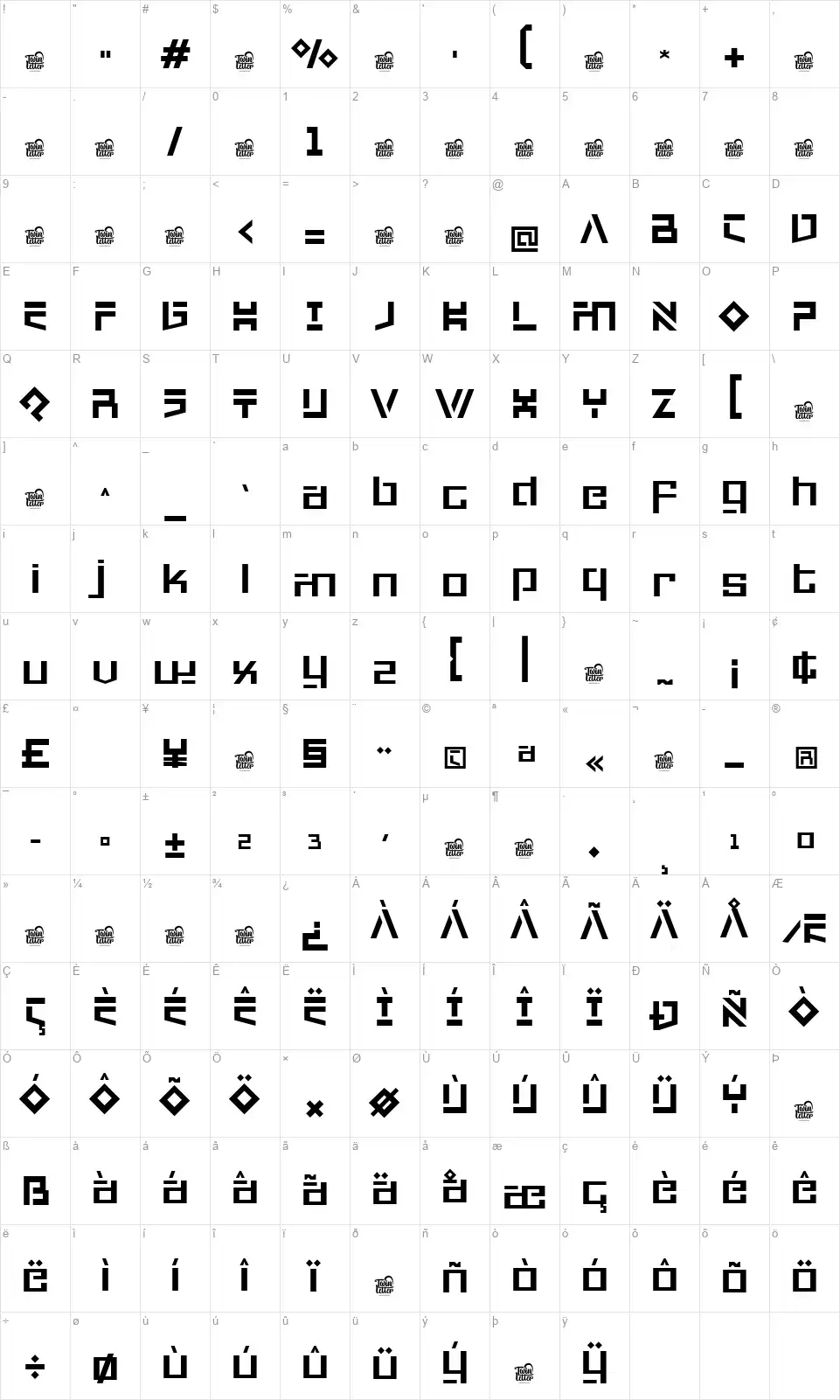 Degunfafont character map