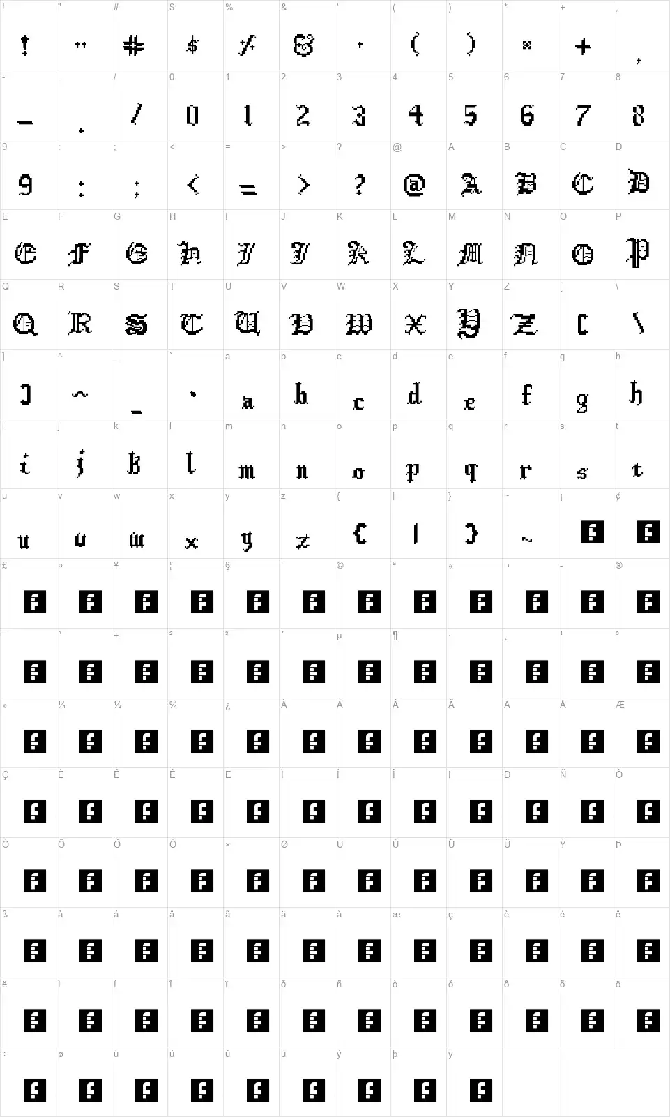 DigiCastlefont character map