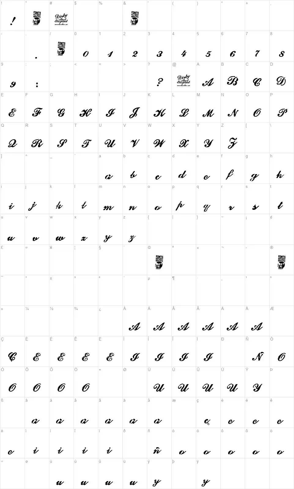 Dirty And Elegantfont character map