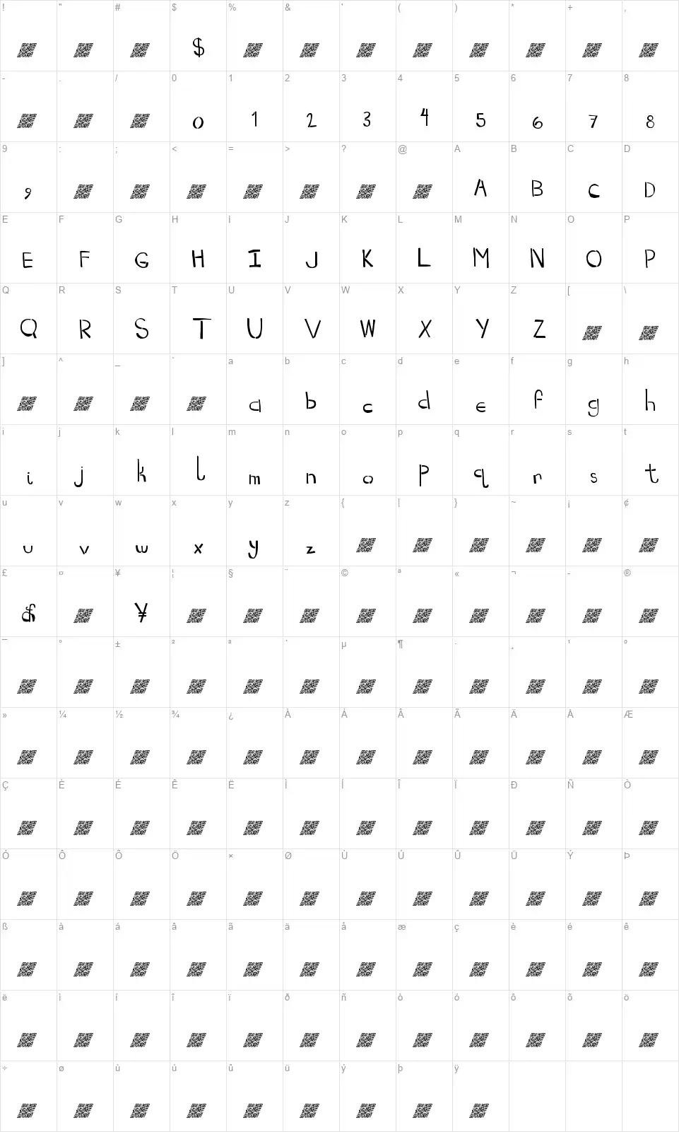 Drop Kick MBfont character map