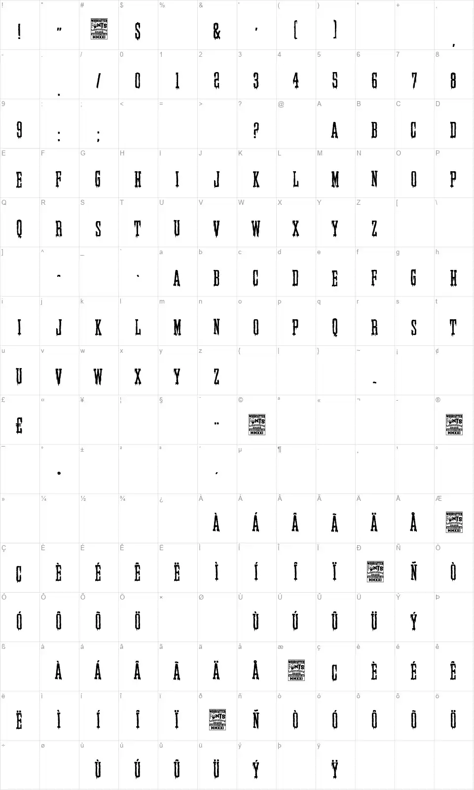 Elegant & Creepy Companyfont character map