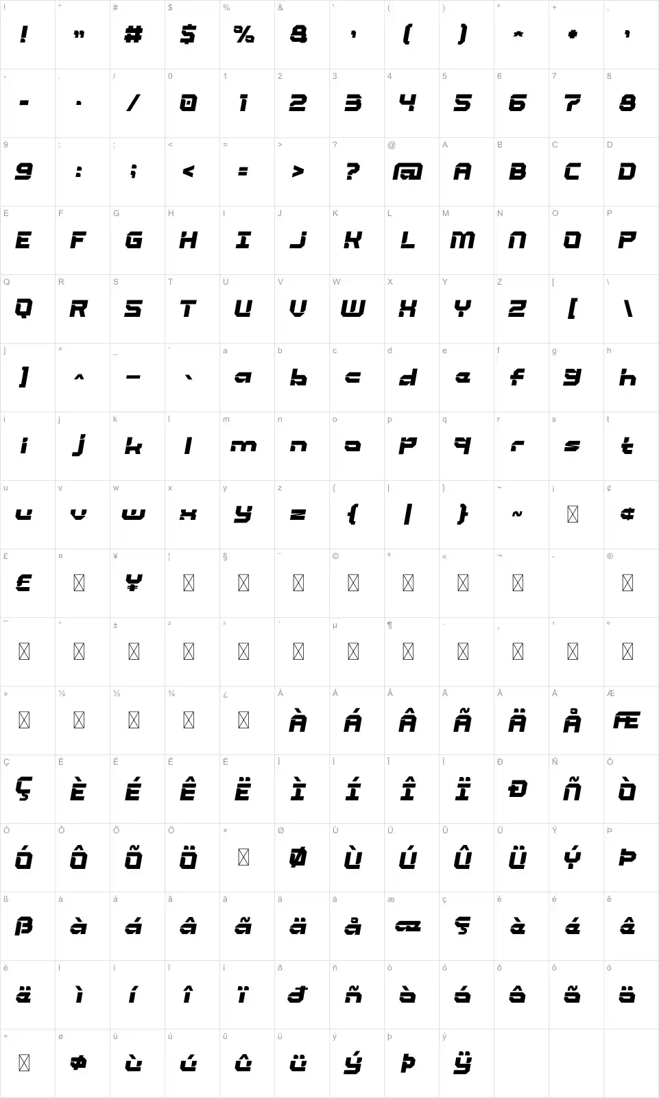 Fastlanefont character map