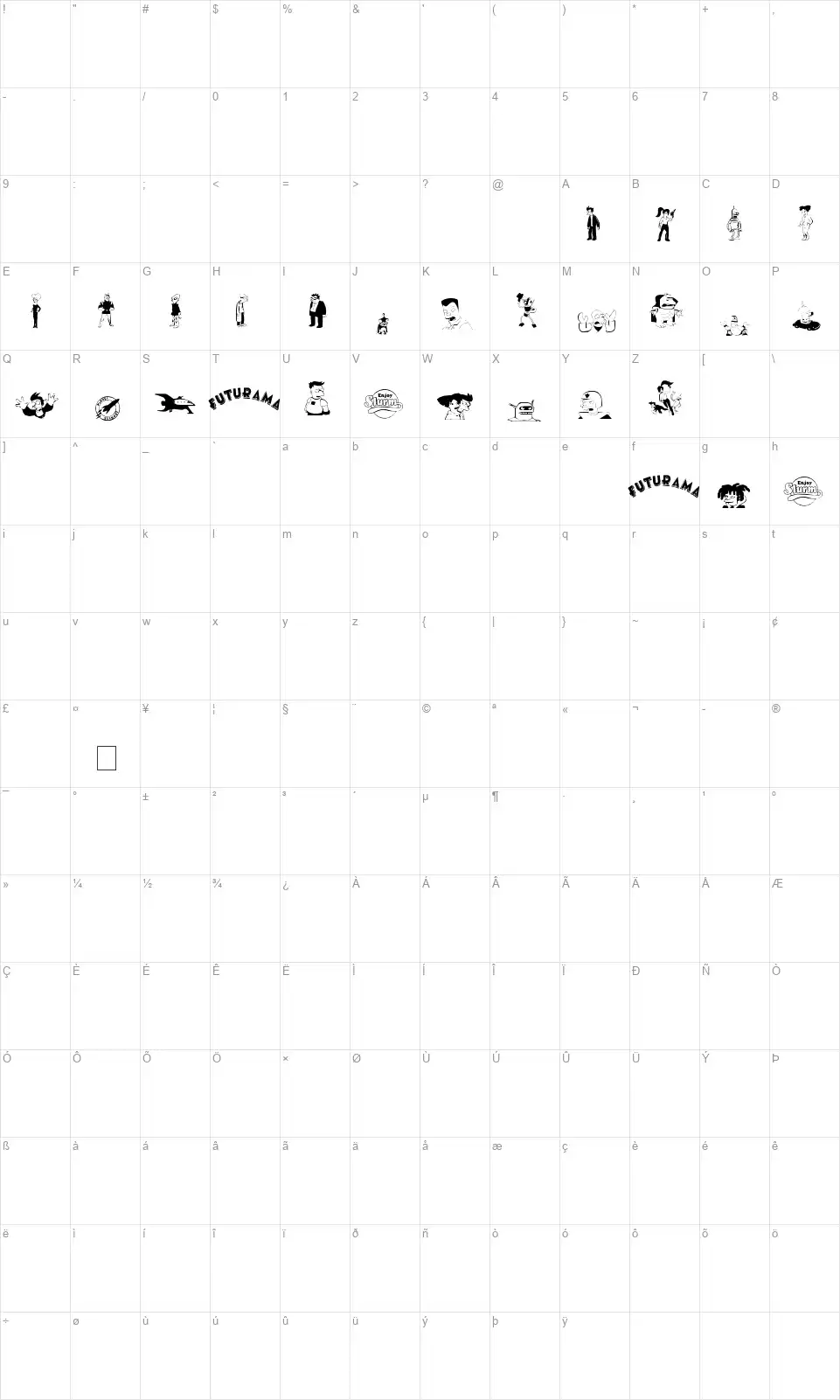 Futurama Dingbatsfont character map