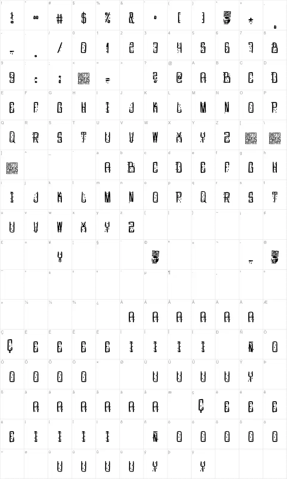Ghetto Brosfont character map