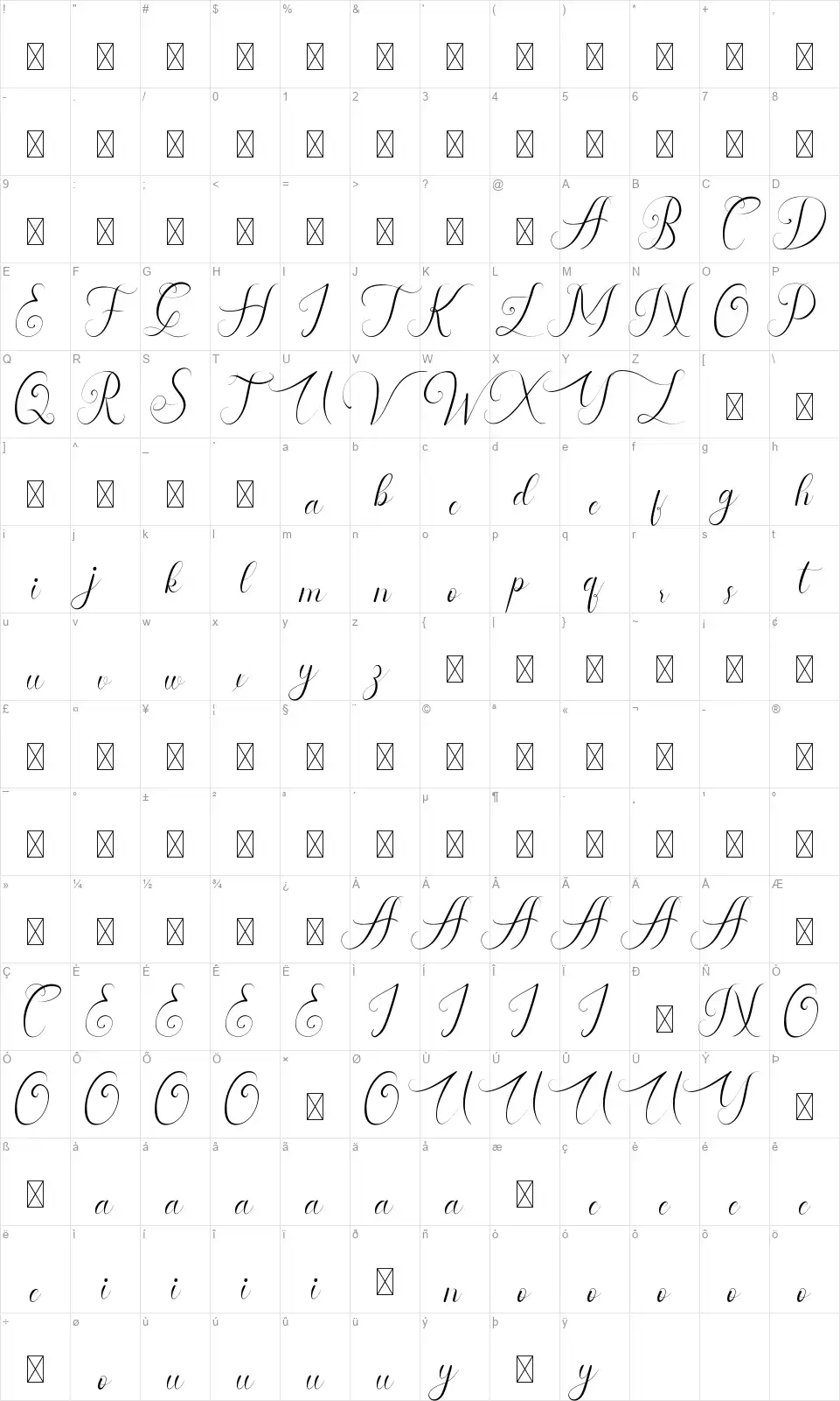 Gloria Beautyfont character map