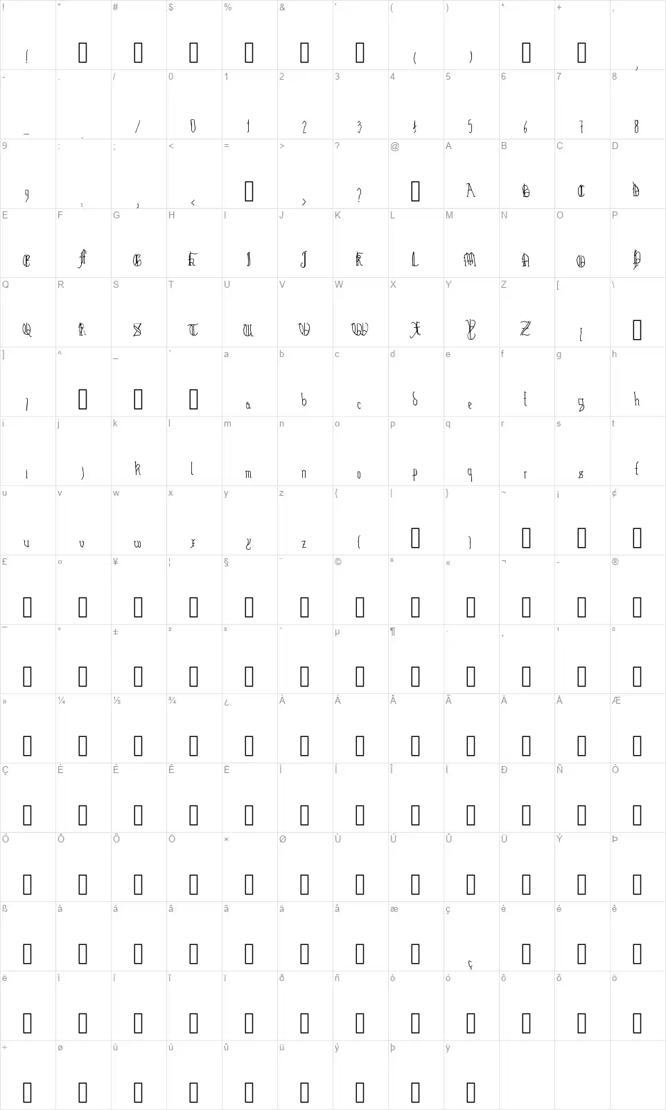 Hairline Quadratafont character map