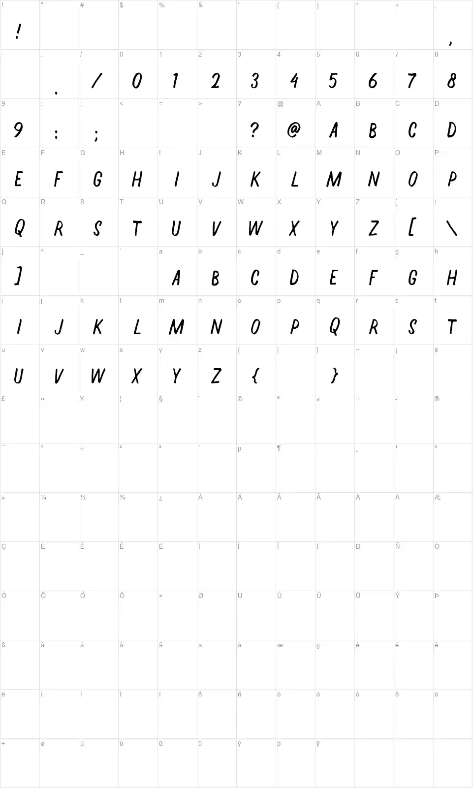 Halfwayfont character map