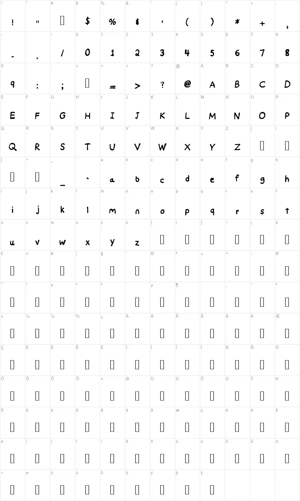 Handwritten Nat29font character map