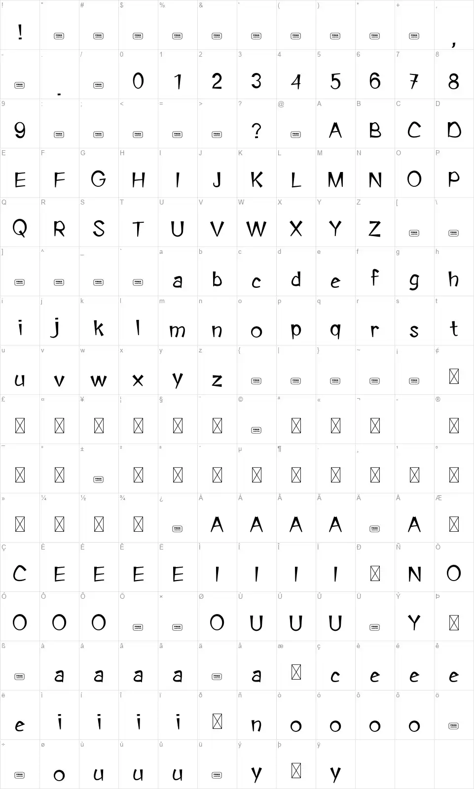 Hiccupfont character map