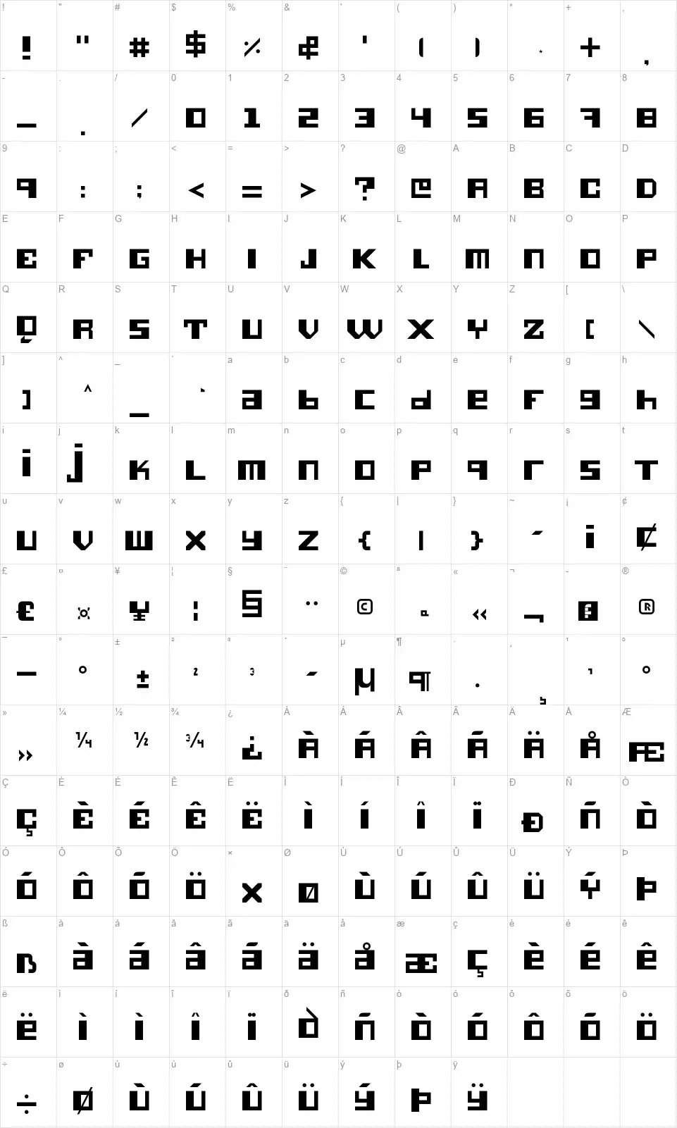 Hieronimusfont character map