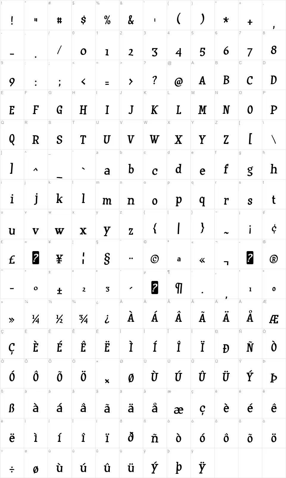 Huxtable-Regularfont character map
