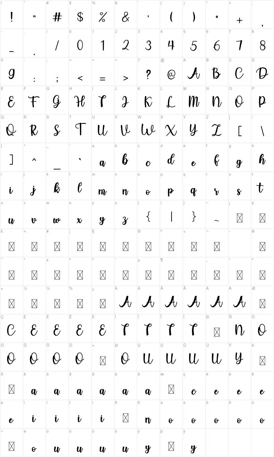 Jasmine Lovelyfont character map