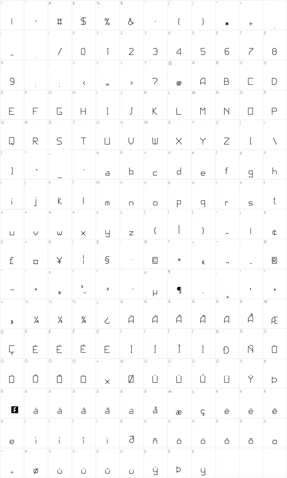 JD Codefont character map