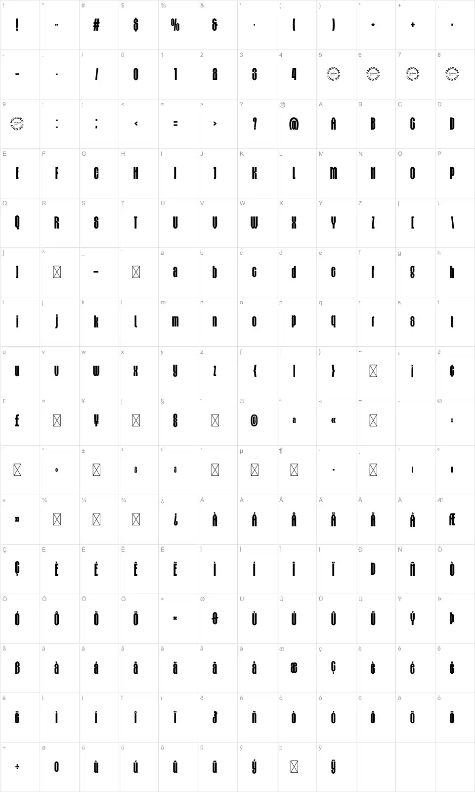 Kaigofont character map
