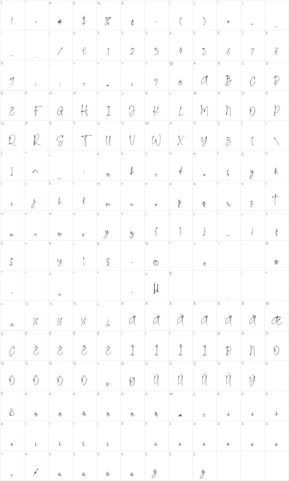 Kallissa Signaturefont character map