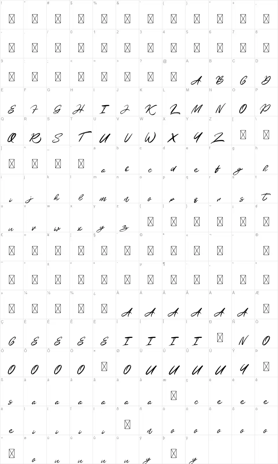 Kalvise Brushyfont character map