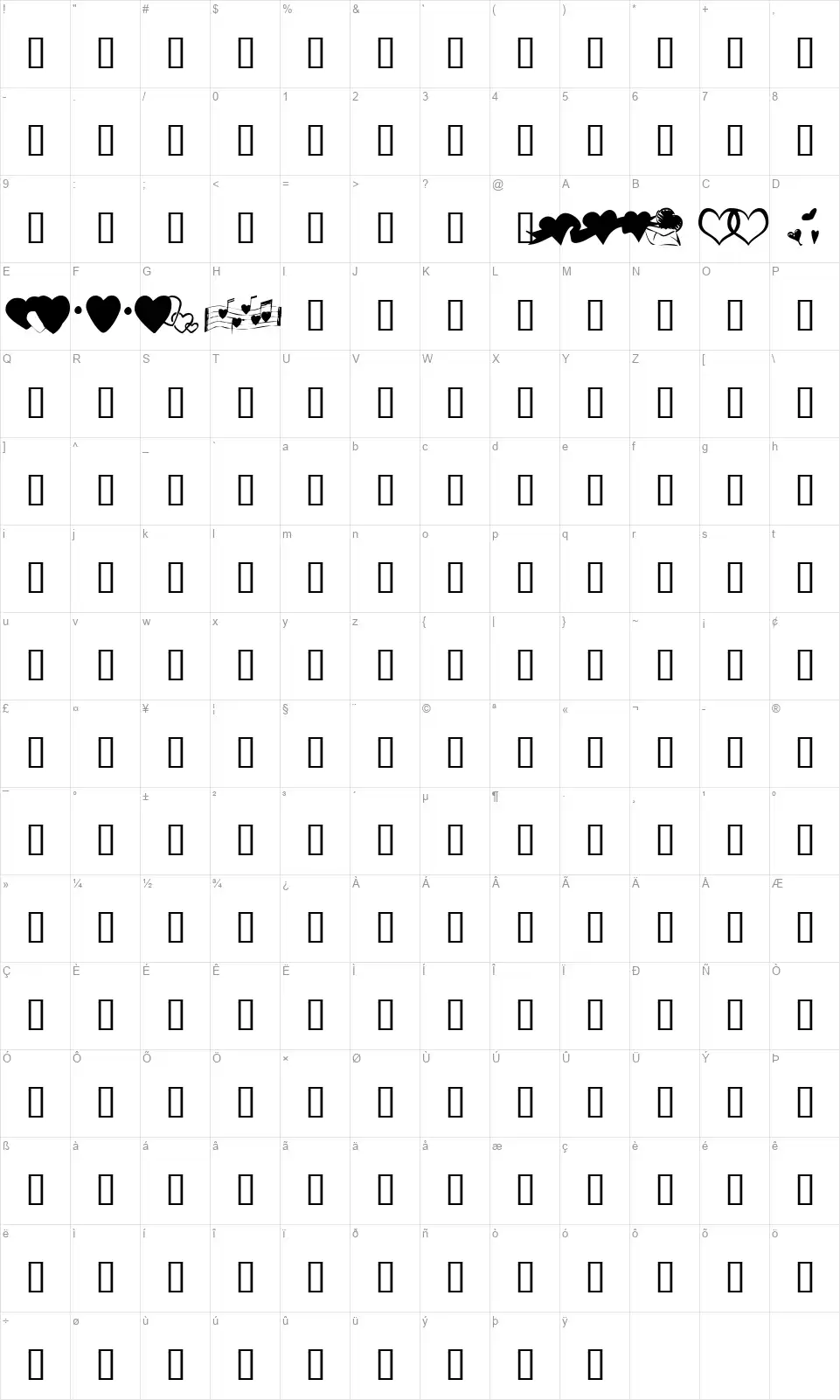 KR Hearts Alongfont character map