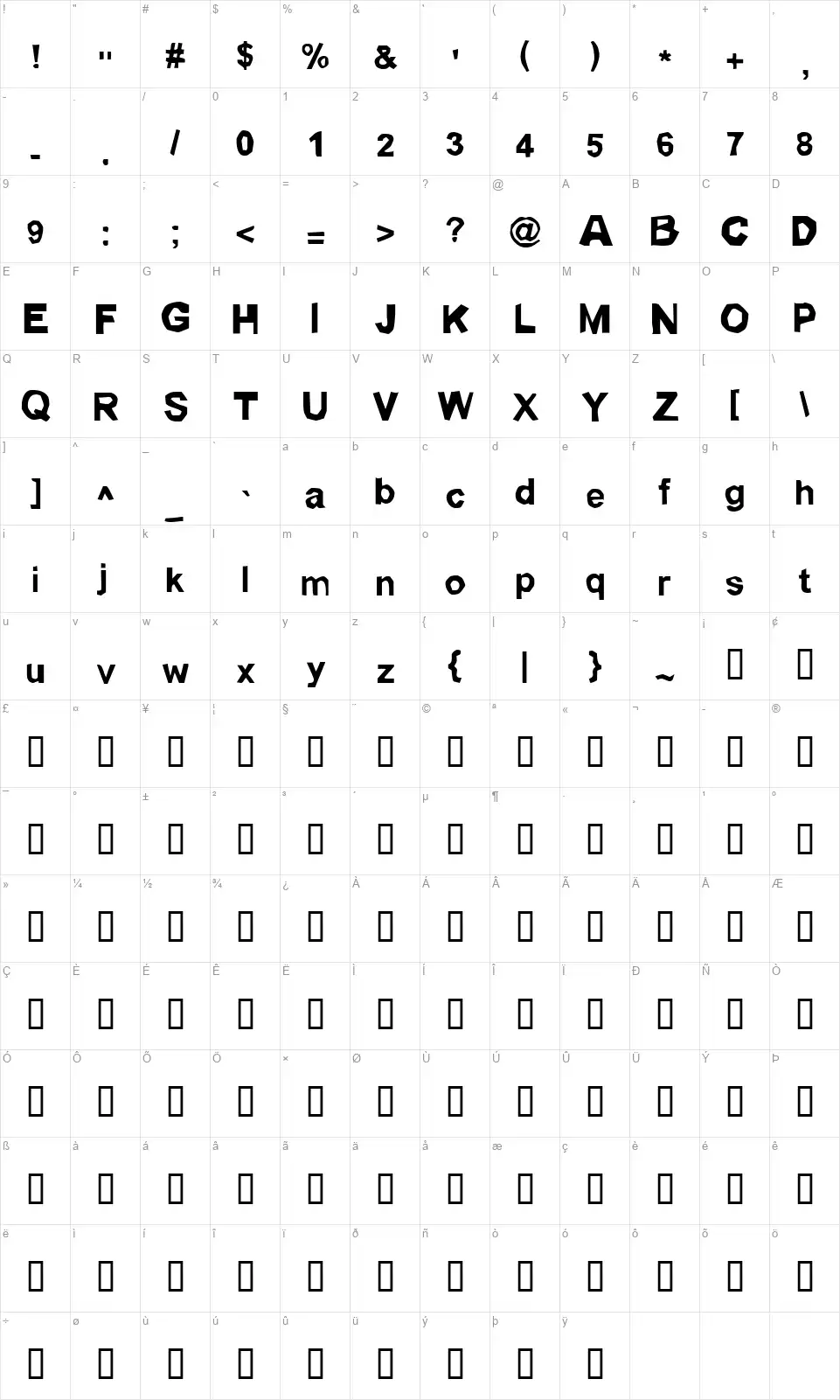 Lickspittlefont character map