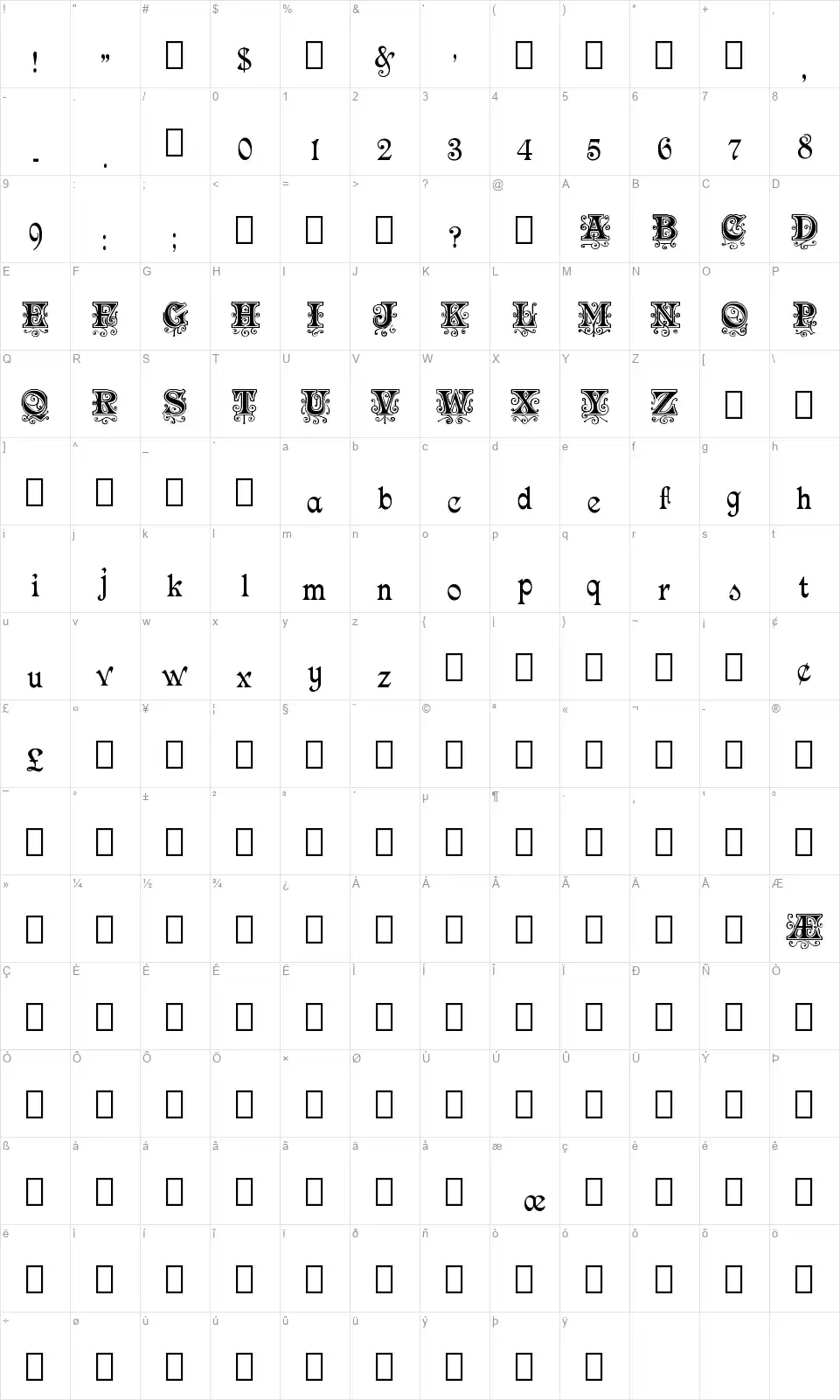 Minster MS&Jfont character map