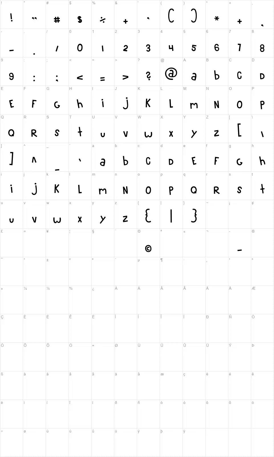 MTF 100font character map
