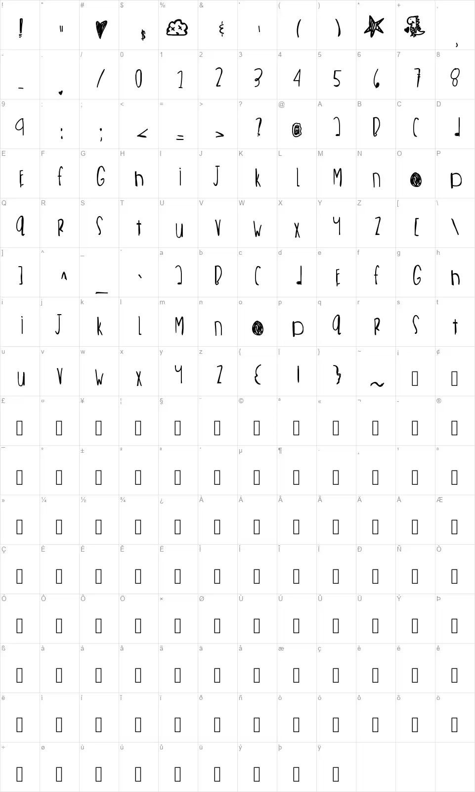 New Kicks Flyfont character map