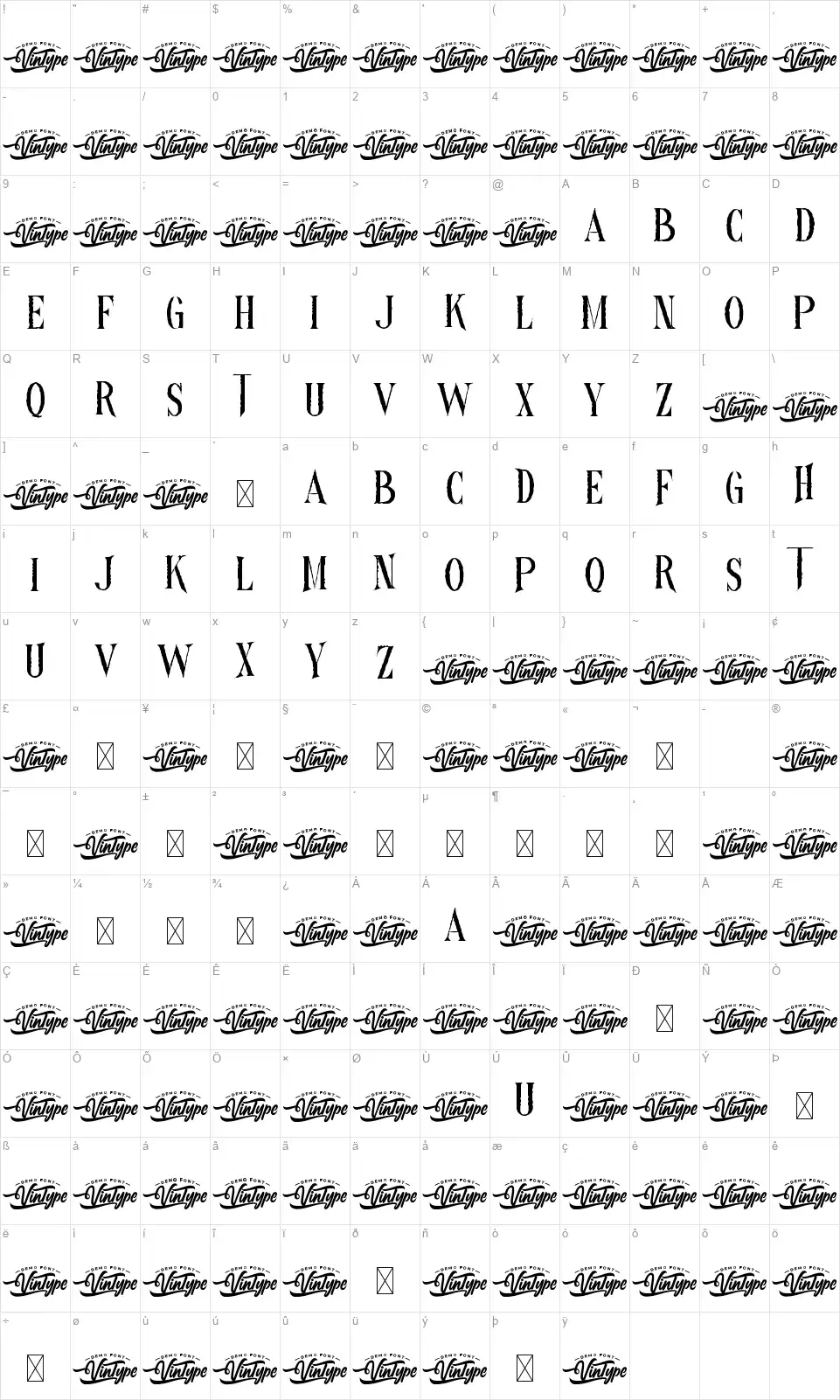 Nightsidefont character map