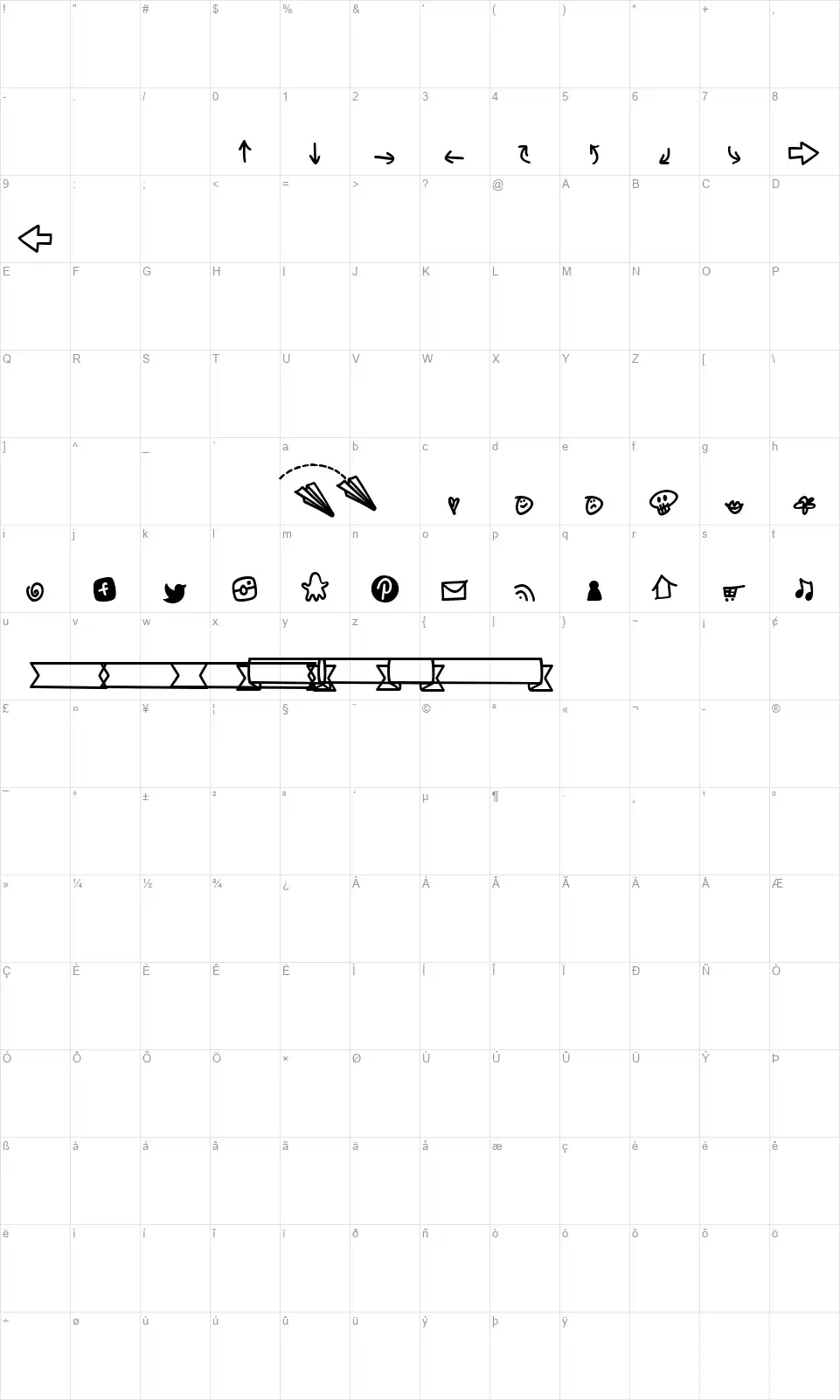 Notepaper Airplanes Extrasfont character map
