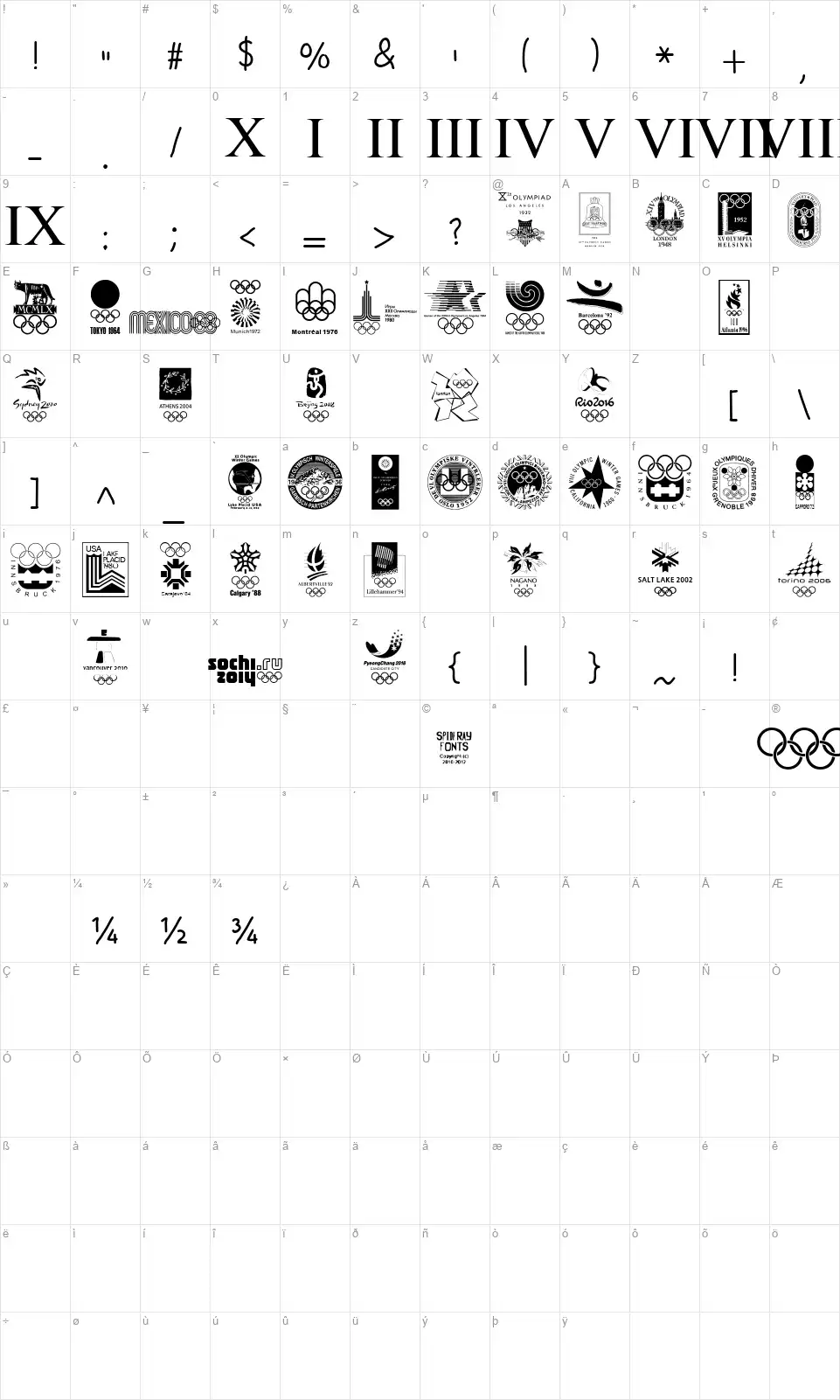 Olympiad XXXfont character map